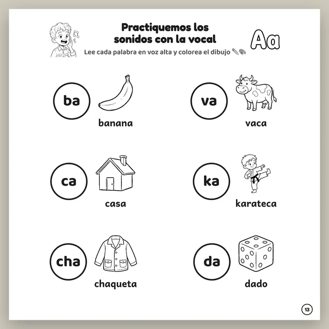 Página interior: cada palabra con su dibujo para colorear